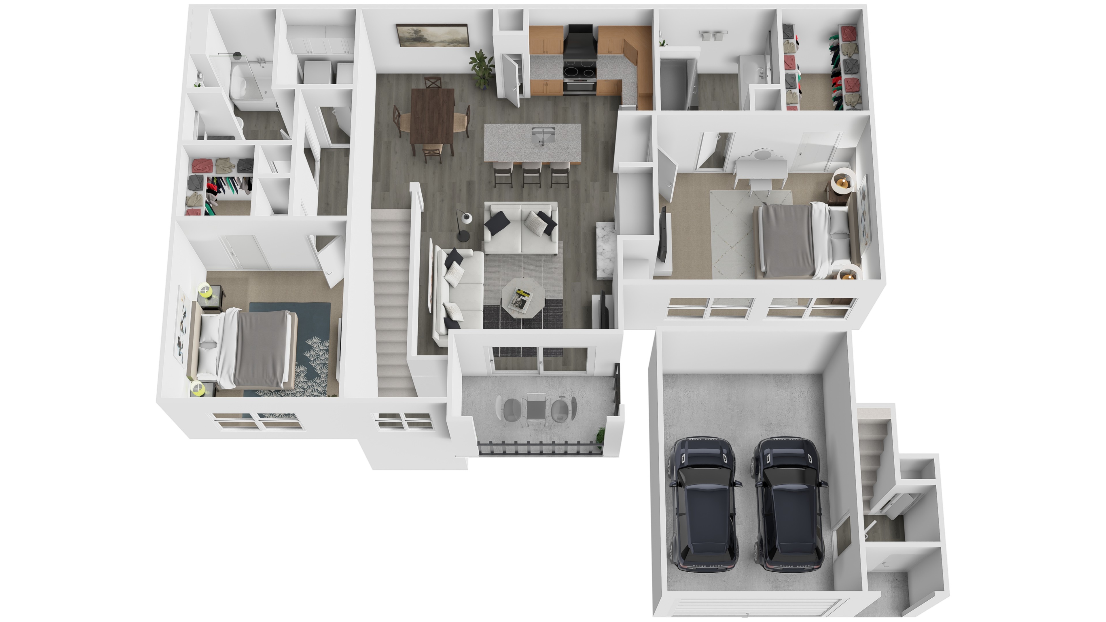 A 3D floor plan of a house with two bedrooms, a living room, a kitchen, and a garage.